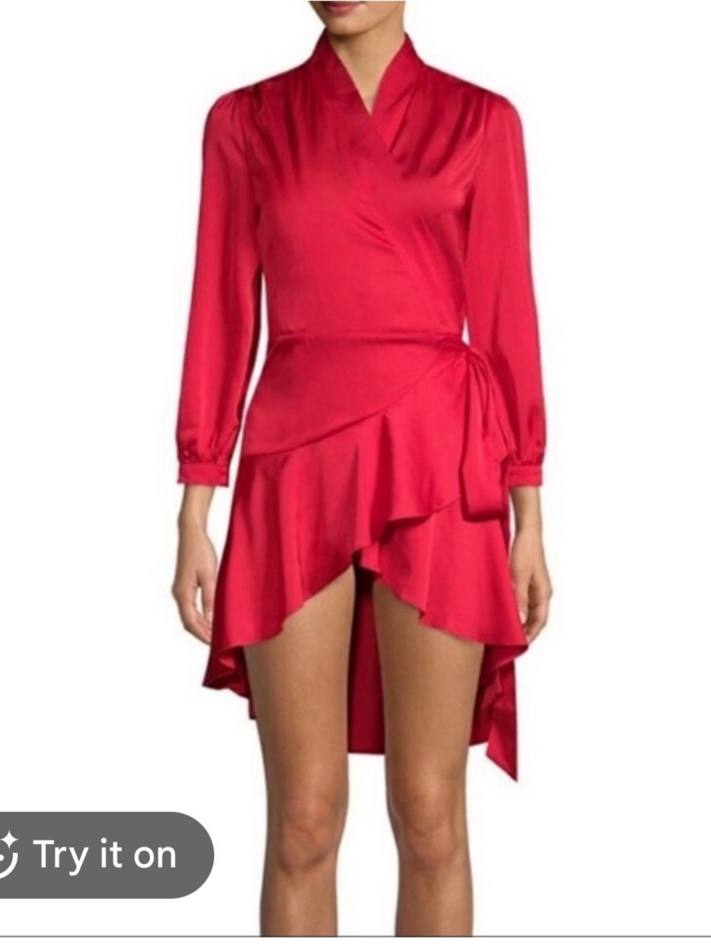 Scarlet Satin Wrap High-Low Dress with Ruffle Hem
